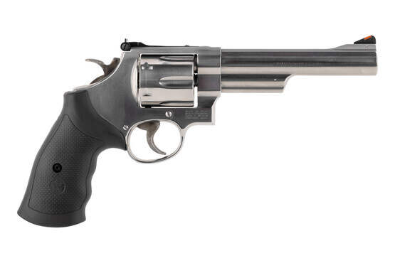 S&W Model 629 44 Magnum 6 Round Revolver with 6-inch barrel features a sleek stainless steel frame with black synthetic grip for ultimate control.